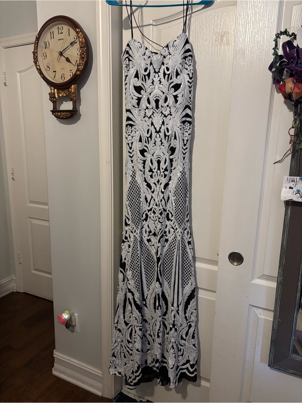 B Darlin Black Maxi Dress with White Lace Overlay